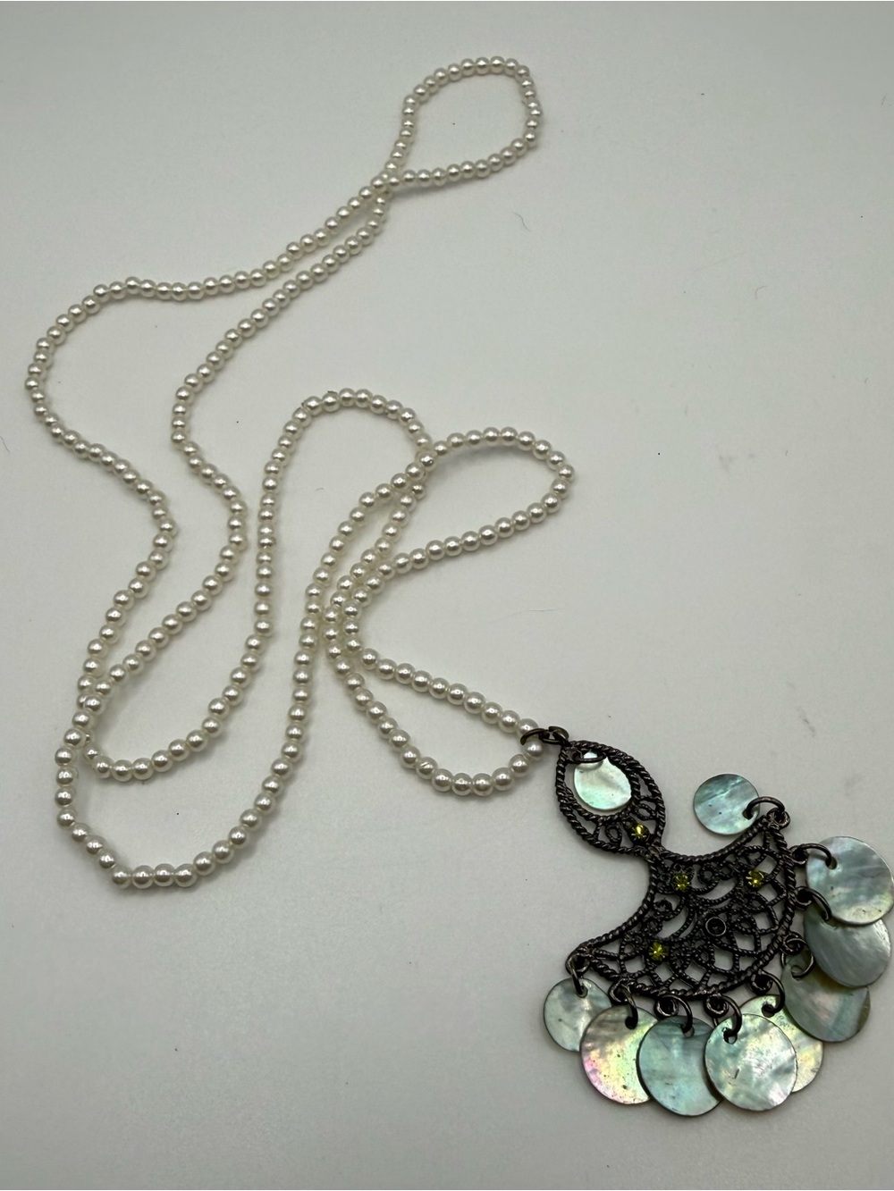Mother of Pearl Shell Pearl Necklace Filigree Statement Pendant Boho 30”